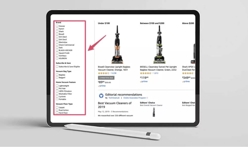 Amazon search results filtering with faceted search